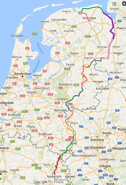 map2012.jpg - Van 21 mei tot 2 juni 2012 zijn we langs de oostgrens van Nederland gefietst. Twee jaar eerder hadden we het westelijke rondje gedaan.  Deze kaart in het groot? Klik op "Kaartje" onderaan!