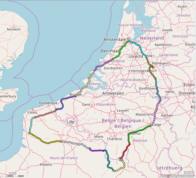 2018 kleinste rondje screenshot tracks.PNG - We hebben in 2018 een rondje gemaakt. Eerst de LF1 naar (bijna) Boulogne-sur-Mer, toen dwars door noord-Frankrijk langs de Groene  Valleien route en tenslotte langs de Maas weer naar huis. De kleuren geven de dagetappes aan. Onder de meeste van de volgende foto's staat een link "Zie kaart". Als je daar op klikt zie je de locatie waar de foto (ongeveer) genomen is.