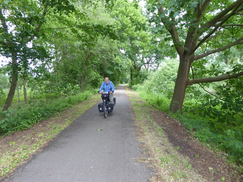 P1050408.JPG - Tussen Geesthacht en Hamburg fiets je over een voormalige spoorbaan: de Kirchweder Marschbahndamm. Kaarsrecht, maar mooi beschut. Hij brengt je tot diep in Hamburg langs een leuke groene route.