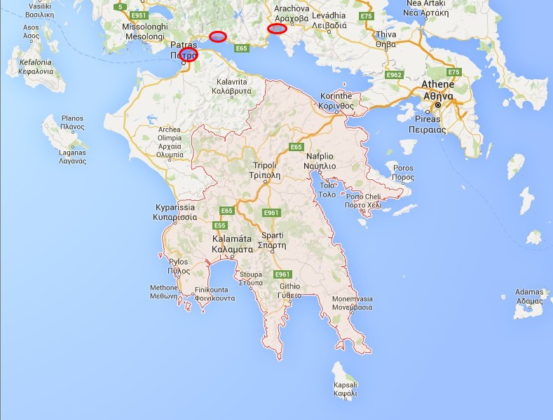 Kaart-09-Patras-Delphoi.jpg - Vanuit Olympia zijn we in één lange ruk naar Delphi gereden (cirkeltje rechtsboven) over de nieuwe brug bij Patras en met een stopje langs de kust.