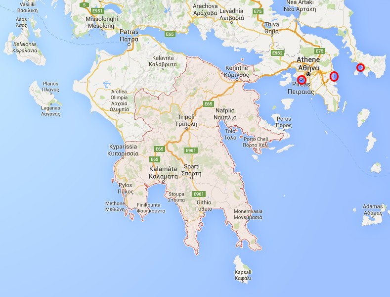 Kaart-11.jpg - We wilden de auto inleveren en nog twee dagen Athene doen. Maar het openbaar vervoer staakte, bleek toen we in Piraeus waren. Dus doorgereden naar de oostkust en de laatste volle dag een boottochtje gemaakt.
