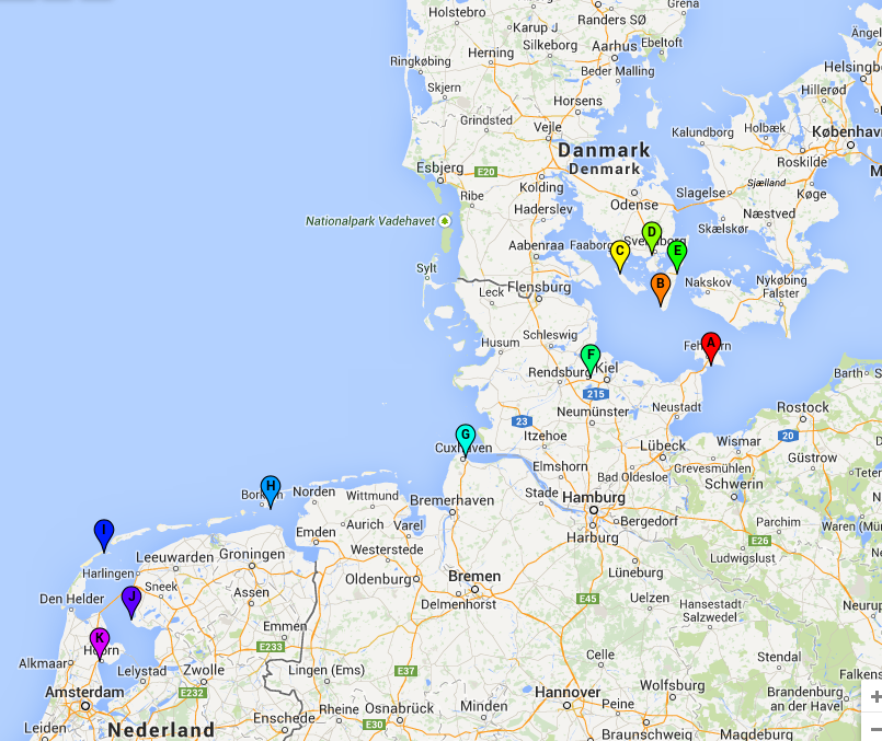 Kaartje.png - Begin september hebben Kees & Monique en Nanette & Jan de Griel teruggevaren vanuit Denemarken naar Nederland. Eerst een paar dagen in zuid-Denemarken getoerd, toen door het Kieler Kanaal, overzee naar Vlieland en vandaar in twee etappes naar Hoorn.